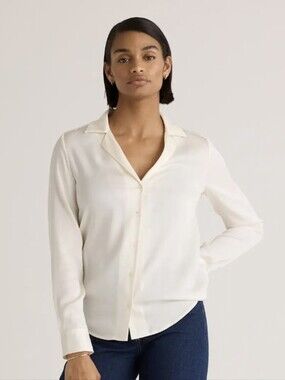 Quince Washable Stretch Silk Notch Collar Blouse In Ivory Size XS